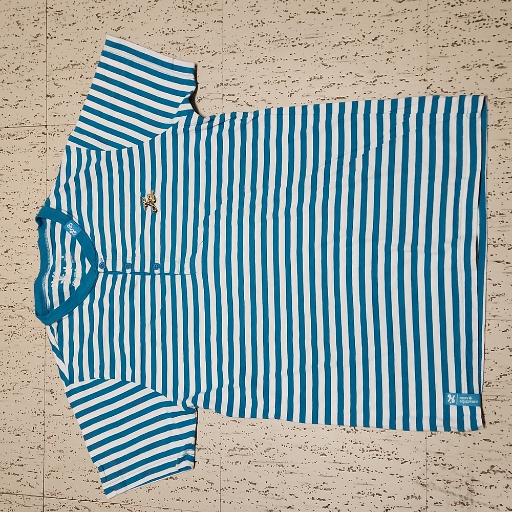 LRG Lifted Research Group Blue And White Stripe 1/4 Button Down T-Shirt Y2K